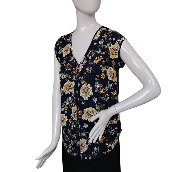 Halogen Blouse SIze XS Chiffon Floral Print Dark Blue and Yellow Short Sleeve - Picture 1 of 6